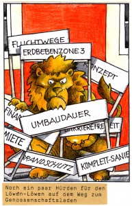 Karikatur: Löwe kämpft mit zahlreichen Hürden. Urheber: Sepp Buchegger