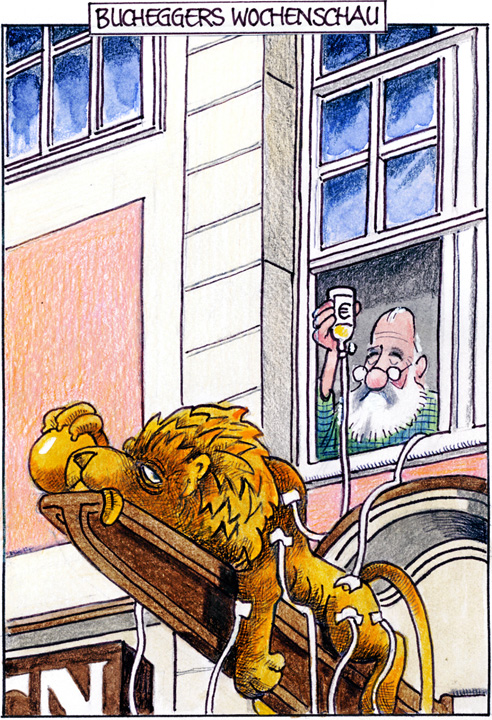 Karikatur: Schlapper Löwe bekommt von Bruno Gebhart Infusion. Urheber: Sepp Buchegger