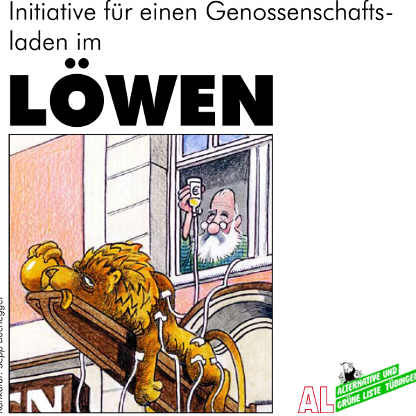 Titelseite Genossenschaftsladen-Flyer von AL/Grüne. Layout: Evelyn Ellwart. Karikatur: Sepp Buchegger