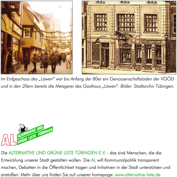 Seite 3 Genossenschaftsladen-Flyer von AL/Grüne. Layout: Evelyn Ellwart. Bilder: Stadtarchiv Tübingen