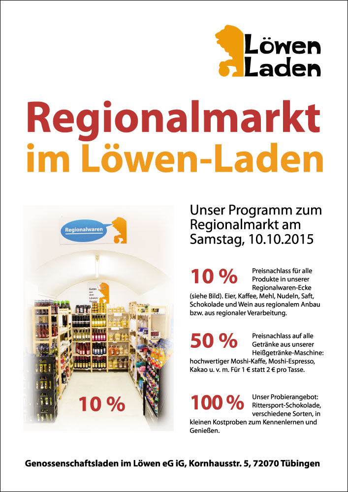 Löwen-Laden-Sonderangebote und -Programm zum Regionalmarkt am 10.10.2015. Tübingen 2015. Layout und Foto: Martin Schreier / www.schreier.co